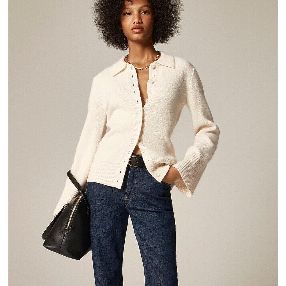 J Crew NWT Milano Stitch Cinched Waist Cardigan in Ivory Size Large 100% Wool - Picture 1 of 8